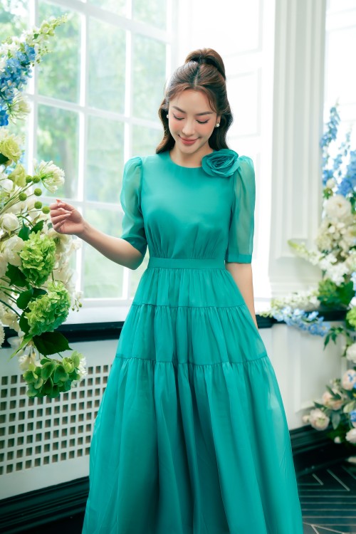 Sixdo Green Organza Midi Dress With Flower